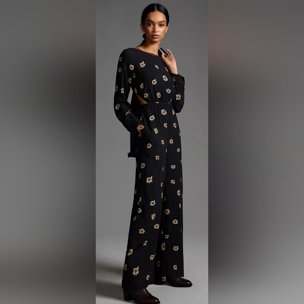 FARM Rio Black Jumpsuit with Floral Embroidery